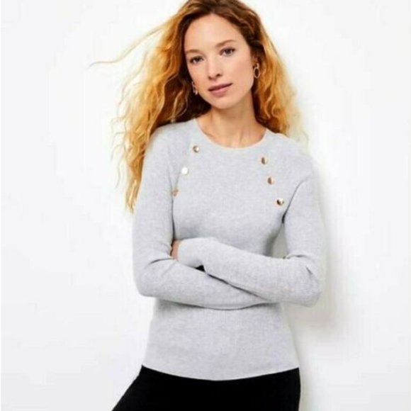| loft • heather gray ribbed button trim sweater | - Picture 1 of 3